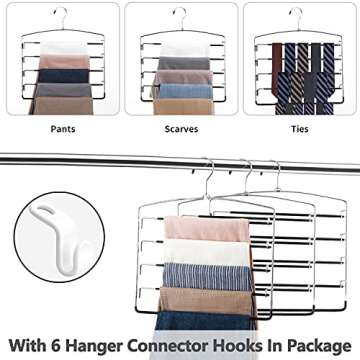FeeraHozer Pants Hangers Non Slip 6 Pack Space Saving Hangers Multi-Layer Swing Arm Pants Hanger Stainless Steel Space Saver Hangers for Jeans Scarf Trouser Towel Clothes (Black)