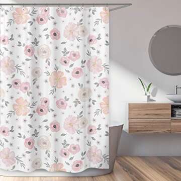 Sweet Jojo Designs Blush Pink, Grey and White Bathroom Fabric Bath Shower Curtain for Watercolor Flo...