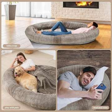 Homguava Large Human Dog Bed 72"x48"x10" Human-Sized Big Dog Bed for Adults&Pets Giant Beanbag Bed with Washable Fur Cover,Blanket and Strap(Large, Gradient Brown)