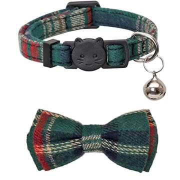 Christmas Cat Collar Breakaway with Cute Removable Bow Tie and Bell for Kitty Adjustable Safety Plaid