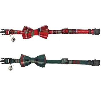 Christmas Cat Collar Breakaway with Cute Removable Bow Tie and Bell for Kitty Adjustable Safety Plaid