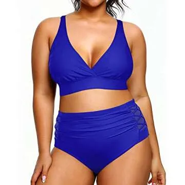 Yonique Womens Plus Size Bikini High Waisted Swimsuits Two Piece Bathing Suits Tummy Control Swimwear Royal Blue 14Plus