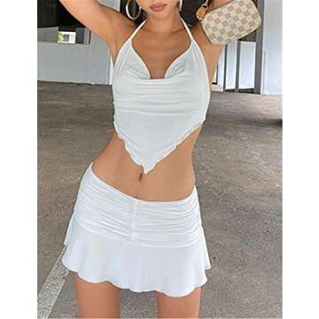 SAFRISIOR Women Sexy Halter Rhombus Crop Tops Triangular Hem Crop Cami Tank Top Backless Self Tie Crop Camisole Lingerie White