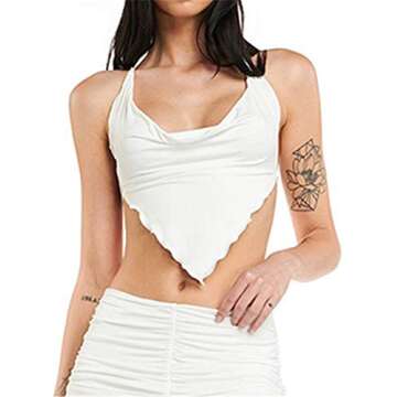 SAFRISIOR Women Sexy Halter Rhombus Crop Tops Triangular Hem Crop Cami Tank Top Backless Self Tie Crop Camisole Lingerie White