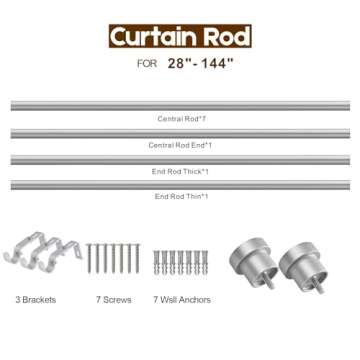 Briofox Silver Curtain Rods for Windows 72 to 144 Inch, 1 Inch Heavy Duty Adjustable Curtain Rod With Modern Decorative End Cap Finials【NOT TENSION ROD】