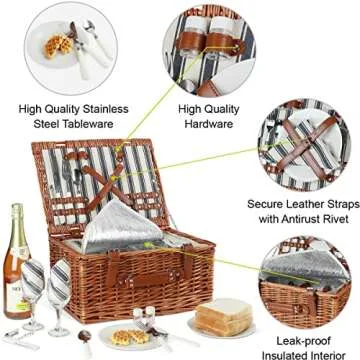 Willow Picnic Basket Set for 2 with Cooler and Cutlery