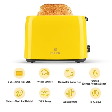 Stylish iSiLER 2 Slice Toaster with Wide Slots and 7 Settings