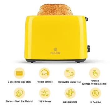 Stylish iSiLER 2 Slice Toaster with Wide Slots and 7 Settings