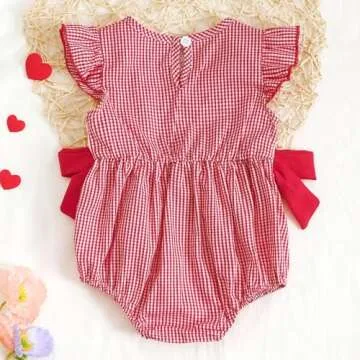 Baby Girl Valentines Outfit Newborn Heart Plaid Bubble Romper Bowknot Ruffle Bodysuit Smocked Baby Clothes (Red, 12-18 Months)