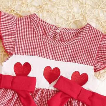 Baby Girl Valentines Outfit Newborn Heart Plaid Bubble Romper Bowknot Ruffle Bodysuit Smocked Baby Clothes (Red, 12-18 Months)