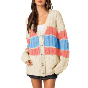 Saodimallsu Womens Color Block Cardigan V Neck Button Up Oversized Long Sleeve Fall Open Front Cable...