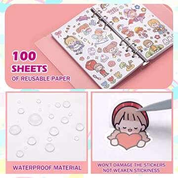 SUNEZLGO Reusable Sticker Book 100 Sheets, Sticker Collecting Book with Pockets, Sticker Collecting Album, Reusable Sticker Album, Blank Sticker Book with Tweezer and Spatula (A6)