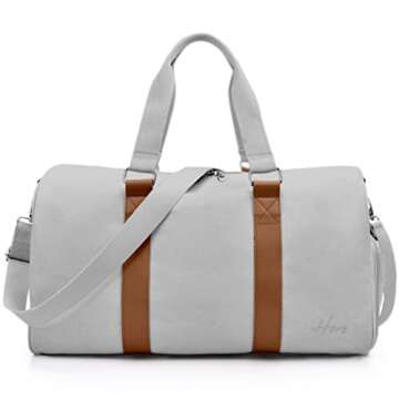 HERO Duffel Bag, Canvas Weekender for Women Travel - Large, Vegan Leather - Overnight, Gym, Hospital, Carry On Bag with Shoe Compartment, 35L, Gray