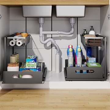 UINOFLE Adjustable Under Sink Organizer - Kitchen & Bathroom Storage, 2 Tier Pull-Out Drawer