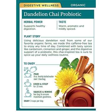 Organic Dandelion Chai Probiotic Herbal Tea for Healthy Digestion Caffeine Free (16 Tea Bags)