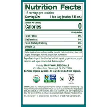 Organic Dandelion Chai Probiotic Herbal Tea for Healthy Digestion Caffeine Free (16 Tea Bags)