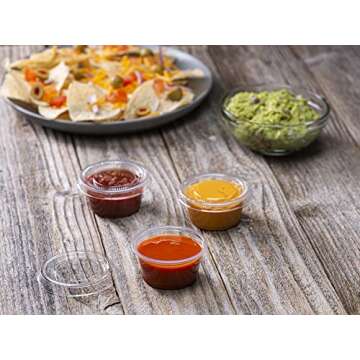 (2 oz - 100 Sets) Clear Diposable Plastic Portion Cups With Lids, Small Mini Containers For Portion Controll, Jello Shots, Meal Prep, Sauce Cups, Slime, Condiments, Medicine, Dressings, Crafts,