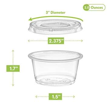 (2 oz - 100 Sets) Clear Diposable Plastic Portion Cups With Lids, Small Mini Containers For Portion Controll, Jello Shots, Meal Prep, Sauce Cups, Slime, Condiments, Medicine, Dressings, Crafts,