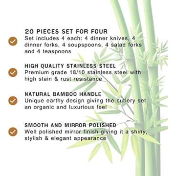 Villa Positano 20-Pieces Bamboo Silverware Set, Natural Black Bamboo Handle Flatware, Cutlery and Utensils Set, 18/8 Stainless Steel, Mirror Polish Tableware, Dinnerware (Set of 20 Pcs, Black)