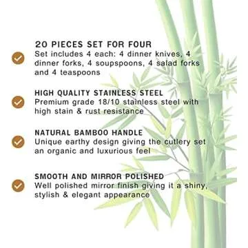 Villa Positano 20-Pieces Bamboo Silverware Set, Natural Black Bamboo Handle Flatware, Cutlery and Utensils Set, 18/8 Stainless Steel, Mirror Polish Tableware, Dinnerware (Set of 20 Pcs, Black)