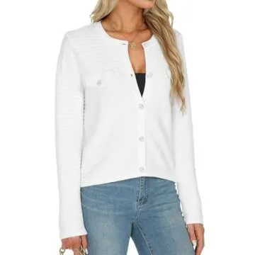 Tanou Women's 2024 Fall Fashion Casual Long Sleeve Cardigan Sweaters Button Up Knit Blazers Lady Tweed Jackets White