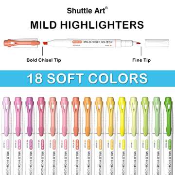 Shuttle Art Highlighters, 18 Colors Pastel Highlighter Pens Assorted Colors, Dual Tip Mild Color Highlighter Markers, Perfect for Teens, Kids and Adults Coloring, Underlining, Highlighting