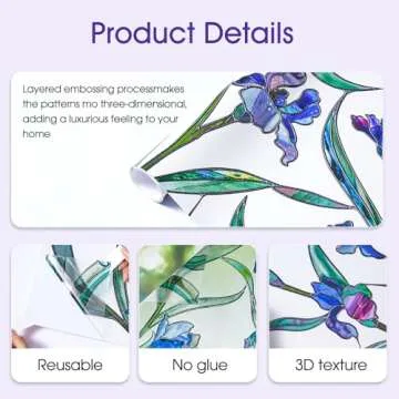 Coavas Floral Window Film, Stained Glass Window Film Decorative Privacy Cling for Home Bathroom & Front Door, 3D Floral Design, UV Blocking, Heat Control, Non-Adhesive, Reusable, Purple, 17.5"x39.4"
