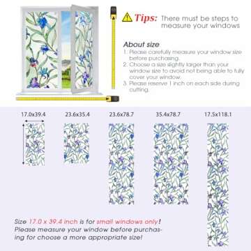 Coavas Floral Window Film, Stained Glass Window Film Decorative Privacy Cling for Home Bathroom & Front Door, 3D Floral Design, UV Blocking, Heat Control, Non-Adhesive, Reusable, Purple, 17.5"x39.4"