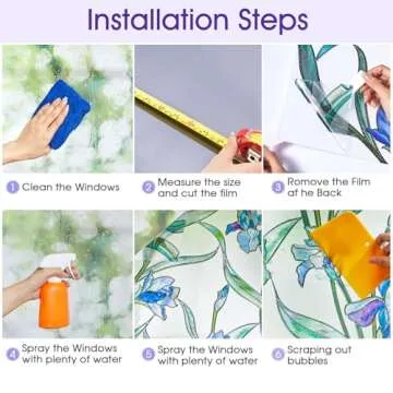 Coavas Floral Window Film, Stained Glass Window Film Decorative Privacy Cling for Home Bathroom & Front Door, 3D Floral Design, UV Blocking, Heat Control, Non-Adhesive, Reusable, Purple, 17.5"x39.4"