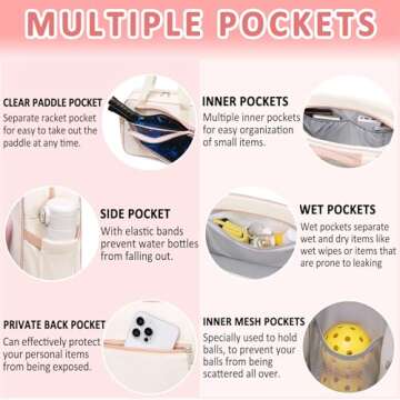 TuErCao Beige,Pink Pickleball Bag Tote for Women Gifts for Pickle Ball Paddle Lovers for Men Sling W...