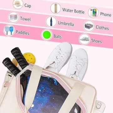 TuErCao Beige,Pink Pickleball Bag Tote for Women Gifts for Pickle Ball Paddle Lovers for Men Sling With Hook Accessories for Indoor Outdoor