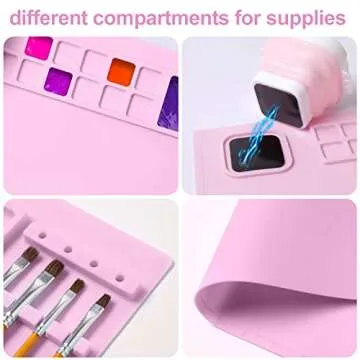 AWOKE Silicone Painting Mat - 20"X16" Silicone Art Craft Mat with 1 Water Cup for Kids - has12 Color Dividers - 2 Paint Dividers (Pink)