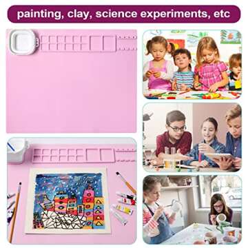 AWOKE Silicone Painting Mat - 20"X16" Silicone Art Craft Mat with 1 Water Cup for Kids - has12 Color Dividers - 2 Paint Dividers (Pink)