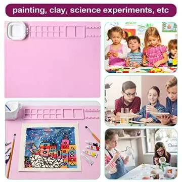 AWOKE Silicone Painting Mat - 20"X16" Silicone Art Craft Mat with 1 Water Cup for Kids - has12 Color Dividers - 2 Paint Dividers (Pink)