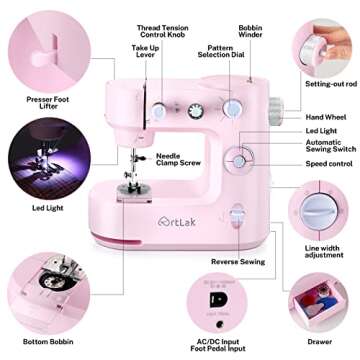 Sewing Machines for Beginner, ArtLak Portable Sewing Machine Mini with 16 Built-in Stitches and Reve...