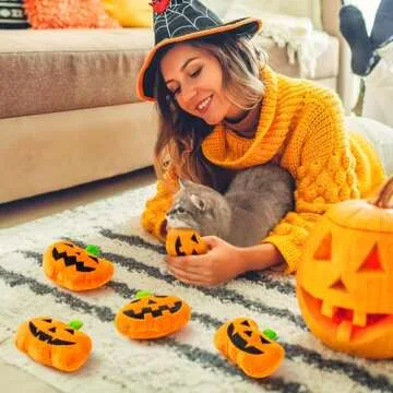 MALLMALL6 Catnip Toys for Cat - 5Pcs Halloween Pumpkin Jack O Lantern Catmint Interactive Cat Toy for Indoor Cats, Soft Orange Cat Supplies, Kitten Teething Chew Toy Set, Pet Gifts for Cat Lover