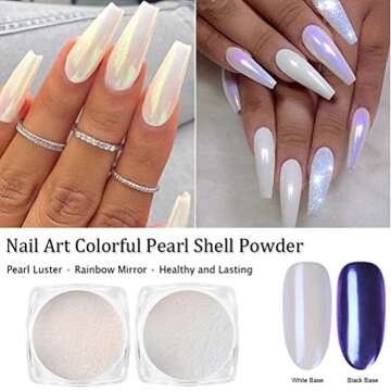 7 Colors White Pearl Chrome Nail Powder Aurora Metallic Nail Powder Holographic Mirror Effect Chrome Powder Iridescent Shell Powder Glitter Nail Art Pigment Manicure Powder for Nails (White Pearl)