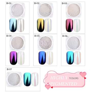 7 Colors White Pearl Chrome Nail Powder Aurora Metallic Nail Powder Holographic Mirror Effect Chrome Powder Iridescent Shell Powder Glitter Nail Art Pigment Manicure Powder for Nails (White Pearl)