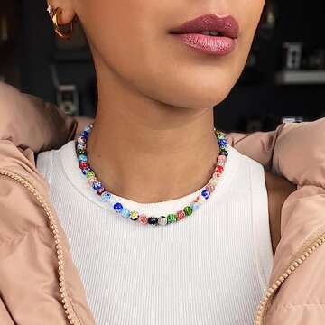 SOFYBJA Millefiori Colorful Seed Bead Flower Choker Necklace Murano Glass Crystal Beaded Necklace Ha...