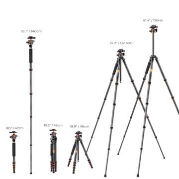 K&F Concept 62-inch Carbon Fiber Tripod, Portable & Versatile