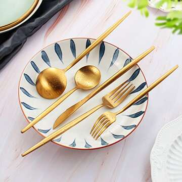 Matte Gold Silverware Set, IBIILII JEFF 40 Pieces Stainless Steel Flatware Set，Kitchen Utensil Set, Tableware Cutlery Set, Knife Spoons And Forks Set, Satin Finished Polished & Dishwasher Safe