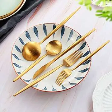 Matte Gold Silverware Set, IBIILII JEFF 40 Pieces Stainless Steel Flatware Set，Kitchen Utensil Set, Tableware Cutlery Set, Knife Spoons And Forks Set, Satin Finished Polished & Dishwasher Safe