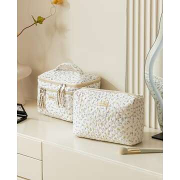 HBselect 2Pcs Double Layer Travel Makeup Bags - Cotton Quilted Coquette Kawaii Cherry Toiletry Bags for Women & Girls