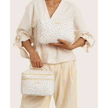 HBselect 2Pcs Double Layer Travel Makeup Bags - Cotton Quilted Coquette Kawaii Cherry Toiletry Bags for Women & Girls