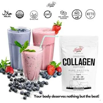 HEARTHY FOODS Collagen Powder - 18g Protein - Pure Halal Collagen Peptides Grass Fed Organic Hydrolyzed Powder | Type I and III Unflavoured Keto Friendly Gluten Free No Sugar Non GMO 16 Oz