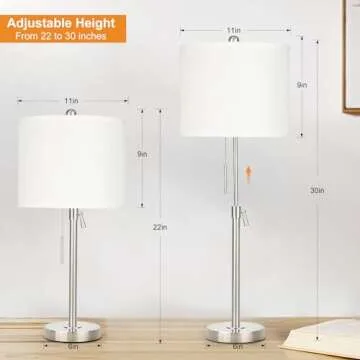 Brushed Nickel Table Lamps Set of 2: 22" to 30" Height Adjustable Nightstand Lamps with White Linen ...