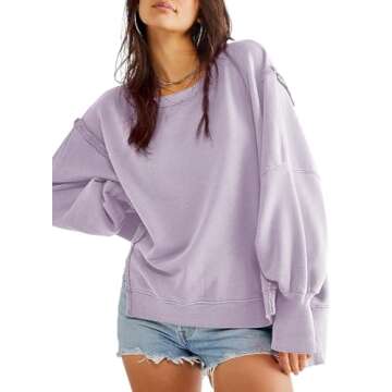 Beaully Sweatshirs for Women Loose Fit Crew Neck Side Slit Pullover Tops for Teen Girl Y2K Clothes 6088 Light Purple S
