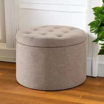 Convenience Concepts Round Shoe Ottoman in Tan Fabric