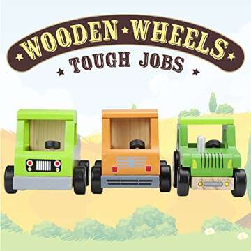 Wooden Wheels Tough Jobs Pack: Natural Beech Wood Tractor, Pickup Truck, and Cement Mixer