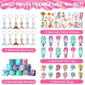 Hungdao 63 Pcs Mermaid Party Favors Mermaid Piñata Hairpin Slap Bracelets Ring Tattoo Sticker Keych...